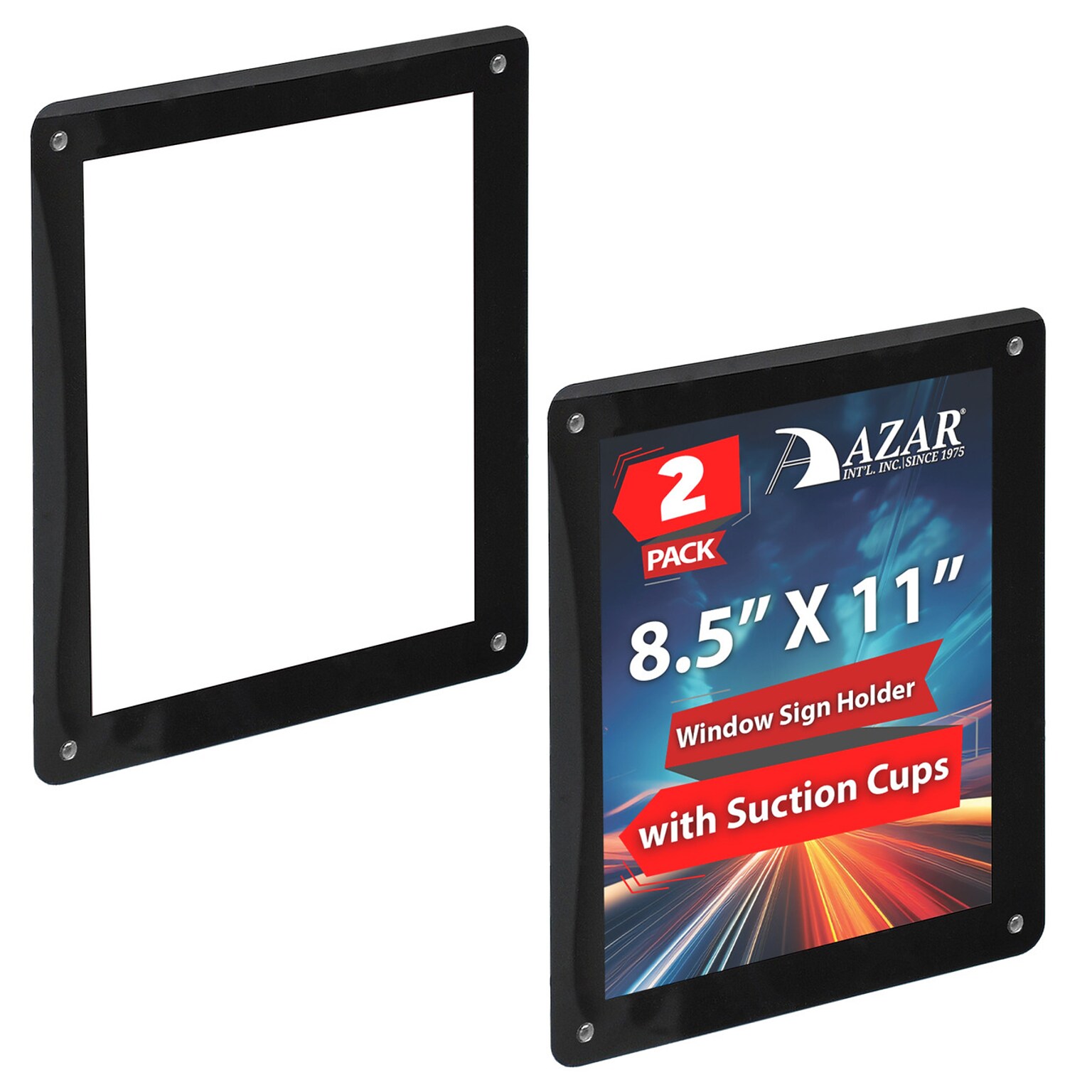 Azar Displays Window Sign Holder with Suction Cups, 8.5 x 11, Horizontal/Vertical, Glass, Black, 2/Pack (106696-BLK-2PK)