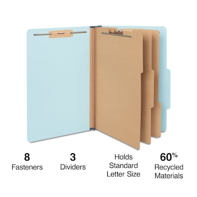Staples® 60% Recycled Pressboard Classification Folder, 3-Dividers, 3 1/2" Expansion, Letter Size, Blue, 20/Box