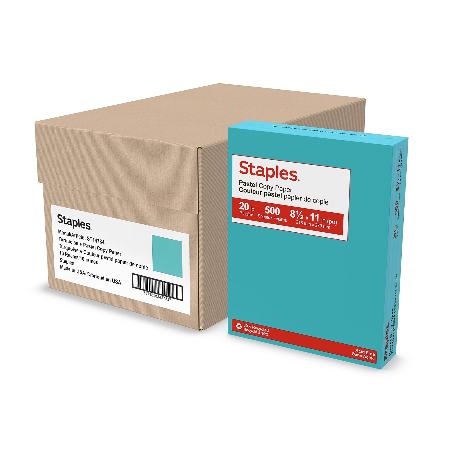 Staples Pastel 30% Recycled Color Copy Paper, 20 lbs., 8.5 x 11, Turquoise, 500 Sheets/Ream, 10 Reams/Carton (4141)