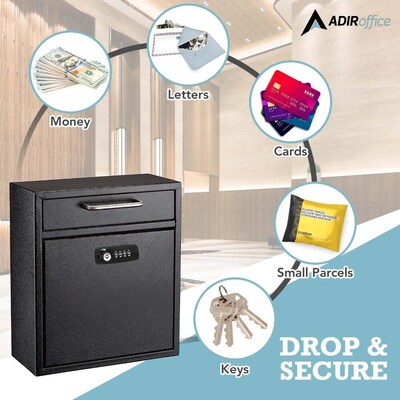 AdirOffice Ultimate Locking Wall Mounted Drop Box with Key and Combination Lock, Medium, Black (631-05-BLK-KC-PKG)