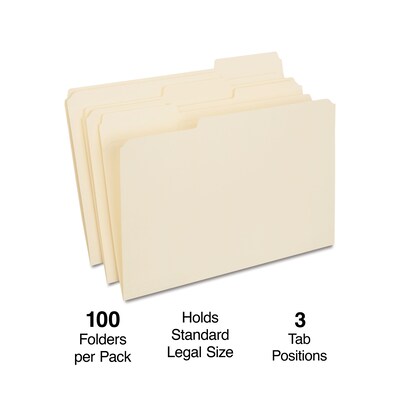 Staples 30% Recycled Reinforced File Folder, 1/3-Cut Tab, Legal Size, Manila, 100/Box (ST606814/606814)