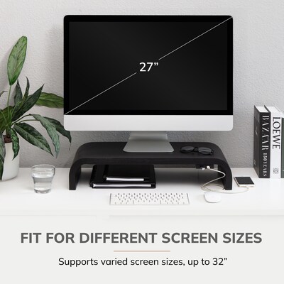 Anji Mountain Mango Wood Monitor Stand with Two USB Ports, Up to 32" Monitor, Black (MS-CRV-BLK-P)