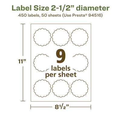 Avery EcoFriendly Laser/Inkjet Decorative Edge Multipurpose Labels, 2-1/2" Dia., White, 450/Box (94516)