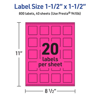 Avery Laser/Inkjet Square Multipurpose Labels, 1.5" x 1.5", Neon Magenta, 800/Pack (94106)
