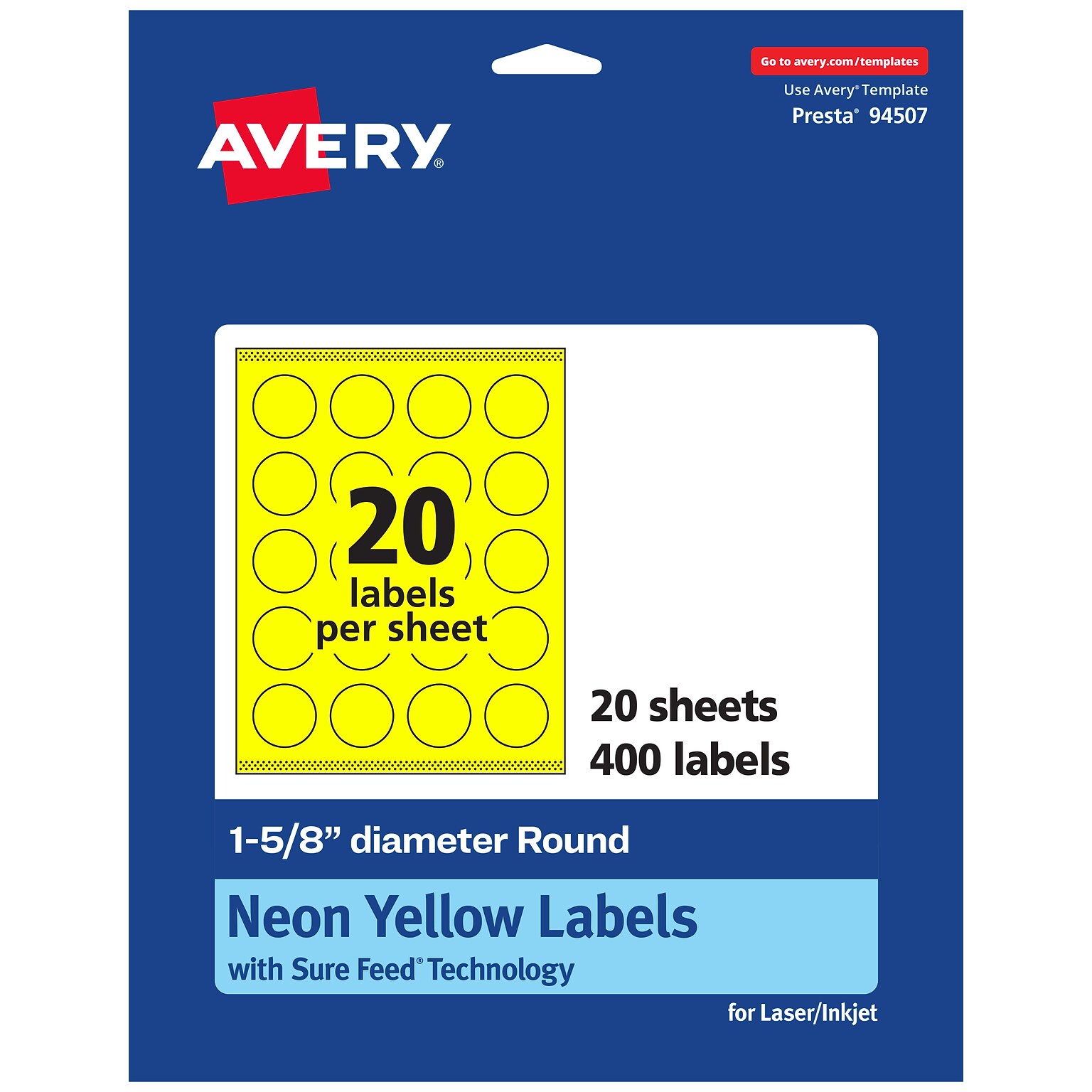 Avery Round Laser/Inkjet Multipurpose Labels, 1-5/8 Dia, Neon Yellow (400/Pack)