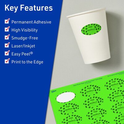 Avery Laser/Inkjet Multipurpose Oval Labels, 1 x 2, Neon Green, 960/Pack (94053)
