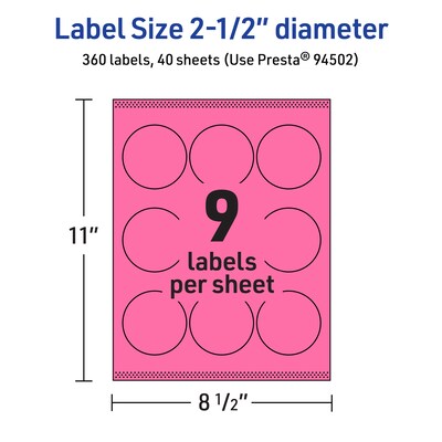 Avery Laser/Inkjet Round Multipurpose Labels, 2.5" Dia., Bright Pink, 360/Pack (94502)