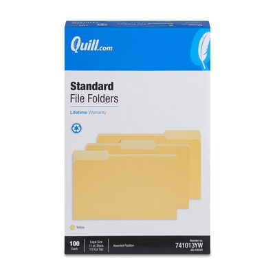 Quill Brand® File Folders, Assorted Tabs, 1/3-Cut, Legal, Yellow, 100/Box (741013YW)