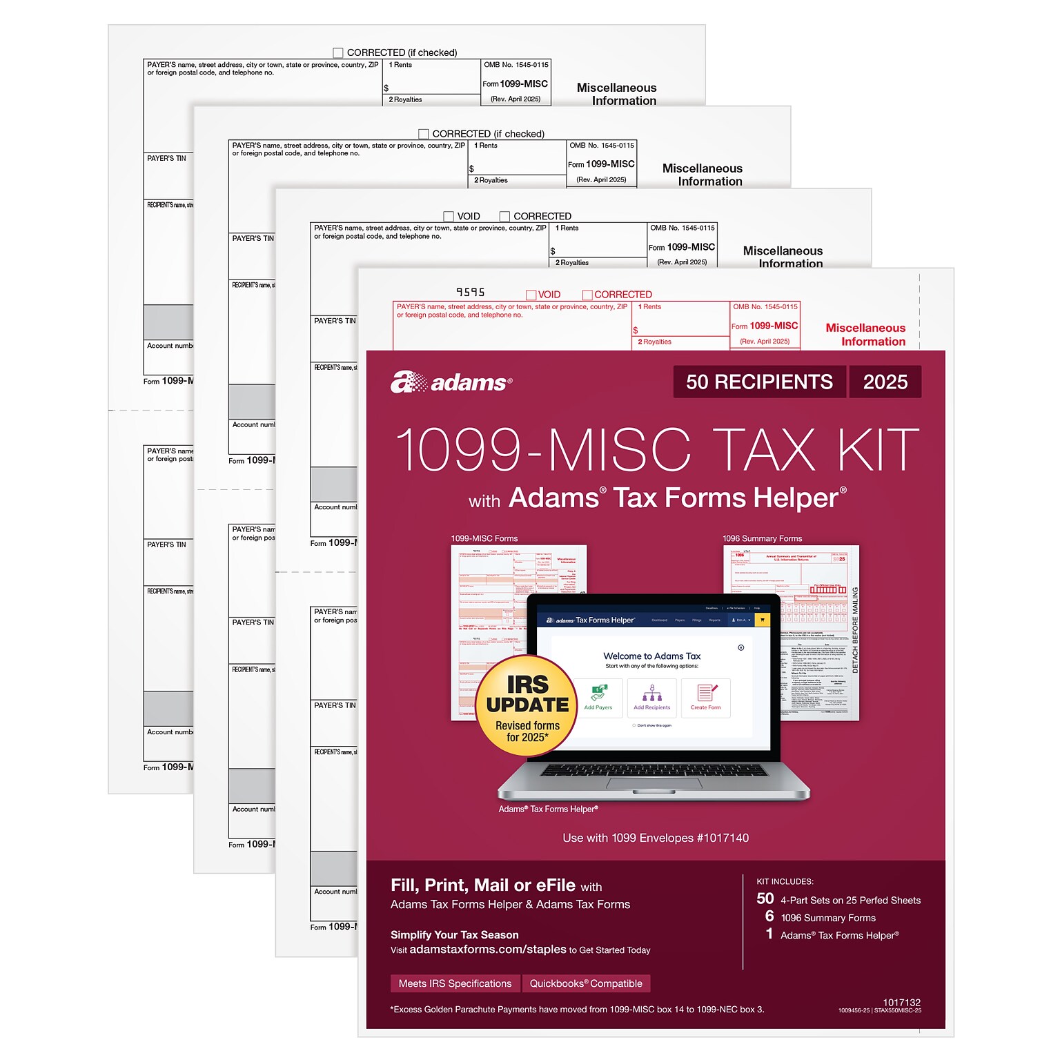 Adams 2025 1099-MISC Tax Forms Kit, 50/Pack, 4-Part, 2-Up, A, 1, B & 2, 50/Pack (STAX550MISC-25)