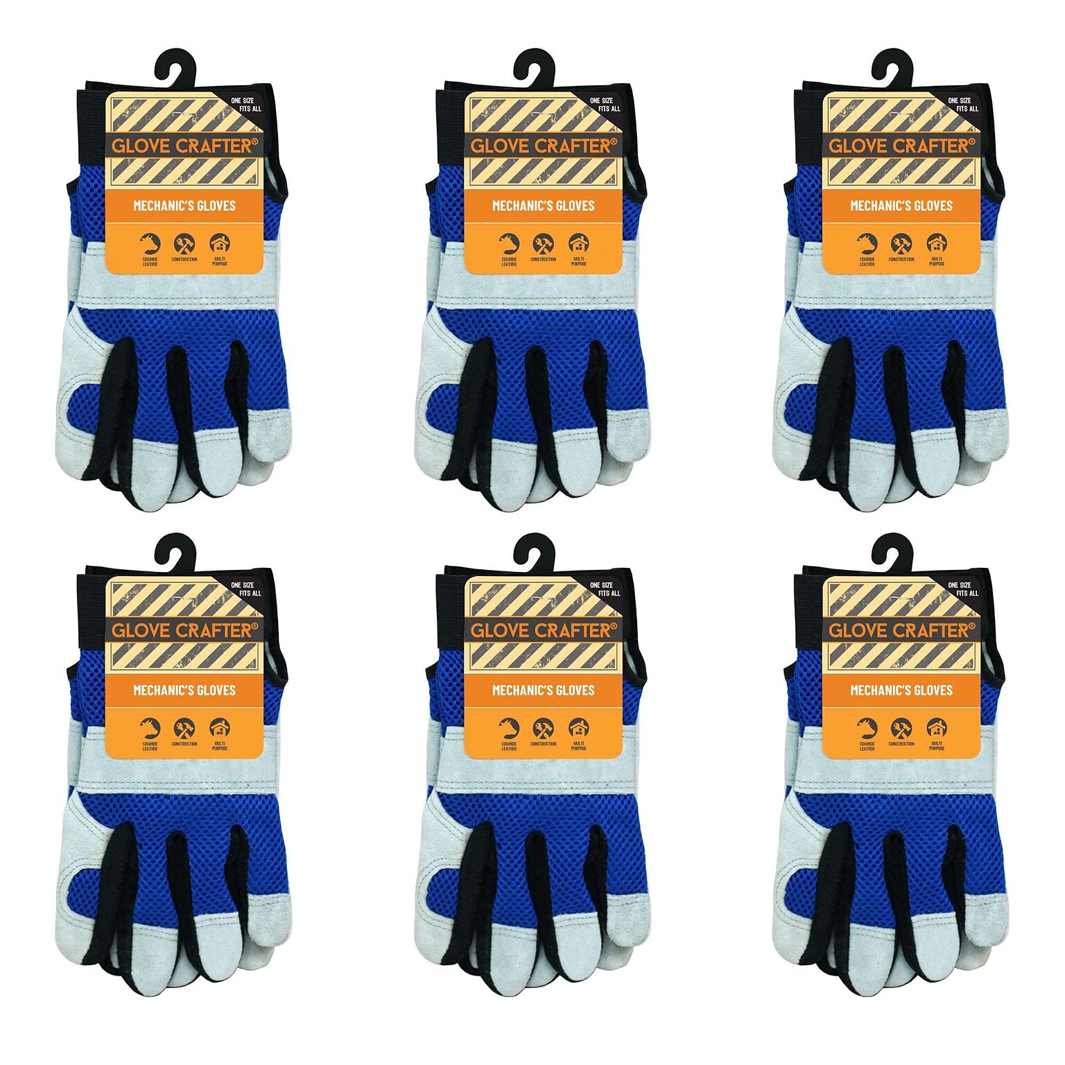 Glove Crafter Handymans Leather Mechanic Gloves, One Size, Blue & Gray, 6/Pack, 12 Packs/Carton (13356)