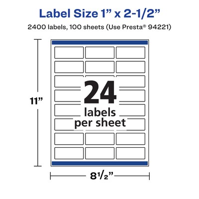 Avery Laser/Inkjet Waterproof Multipurpose Rectangle Labels, 1" x 2.5", White, 2400 Labels/Box (94221)