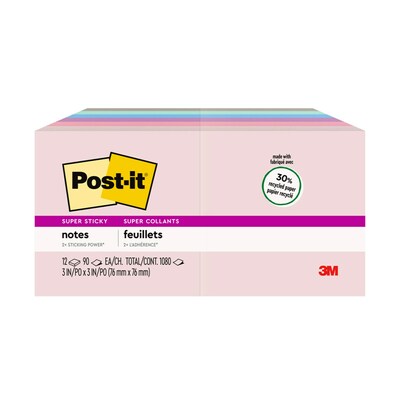Post-it Super Sticky Notes, 3" x 3", Wanderlust Pastels Collection, 90 Sheet/Pad, 12 Pads/Pack (65412SSNRP)