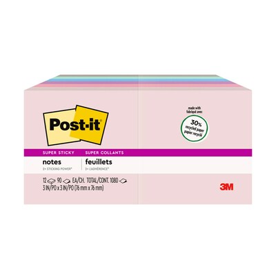 Post-it® Recycled Super Sticky Notes, 3" x 3", Wanderlust Pastels Collection, 90 Sheets/Pad, 12 Pads/Pack (654-12SSNRP)