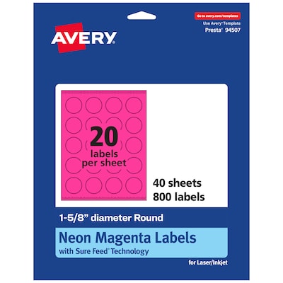 Avery Round Laser/Inkjet Multipurpose Labels, 1-5/8 Dia, Neon Magenta (800/Box)
