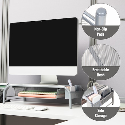 Mind Reader Ventilated Monitor Stand with Side Storage, Silver (MESHM-SIL)