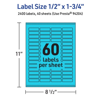 Avery Printable Rectangle Multipurpose Labels, 0.5" x 1.75", Bright Blue, 2400/Pack (94204)