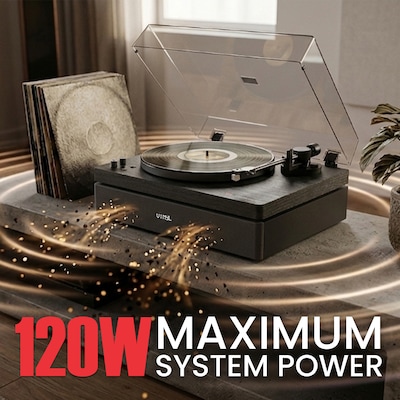 Audiosource AT33 Belt Drive turntable with 2.1 channel 120 watt Bluetooth Speakers, Black Woodgrain