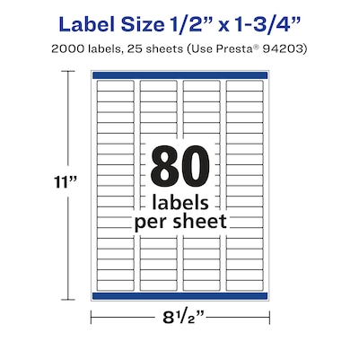 Avery Laser/Inkjet Rectangle Multipurpose Labels, 0.5" x 1.75", White, 2000 Labels/Pack (94203)