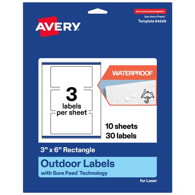 Avery Waterproof Rectangle Laser Multipurpose Labels, 3 x 6, White, 30/Pack (19479399336)