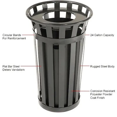 Global Industrial Outdoor Slatted Steel Trash Can w/ Flat Lid & Liner, 24 Gallon, Black (237725BK)