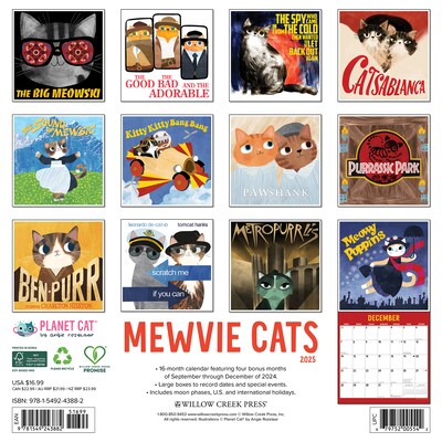 2025 Willow Creek Mewvie Cats 12 x 12 Monthly Wall Calendar (43882)