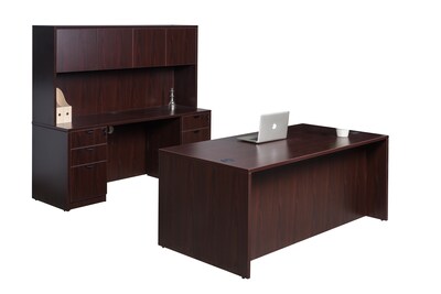 Boss Office Products 66 Desk and Credenza with Hutch and 2 File Pedestals, Mahogany (GROUPA16-M)