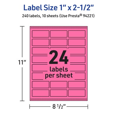 Avery Laser/Inkjet Rectangle Multipurpose Labels, 1" x 2.5", Bright Pink, 240/Pack (94221)