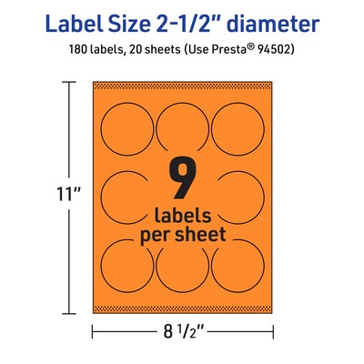 Avery Laser/Inkjet Multipurpose Circle Labels, 2.5" Dia., Bright Orange, 180/Pack (94502)