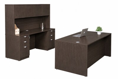 Boss Office Products 66 Desk and Credenza with Hutch and 2 File Pedestals, Mocha (GROUPA16-MOC)