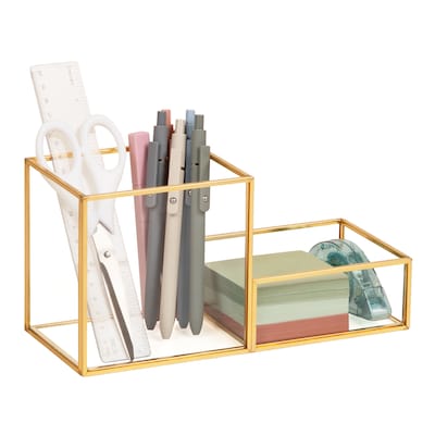Mind Reader 2-Compartment Glass Desk Organizer, Gold (LG-GLD)