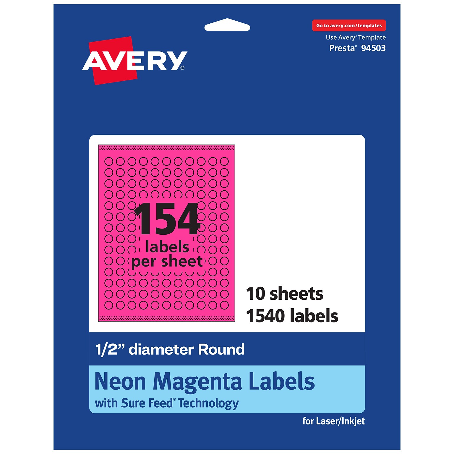 Avery Laser/Inkjet Round Multipurpose Labels, 0.5 Dia., Neon Magenta, 1540/Pack (94503)