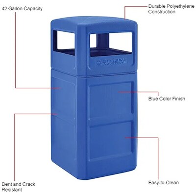 Global Industrial Square Plastic Waste Receptacle w/ Dome Lid, 42 Gallon, Blue (641414BL)