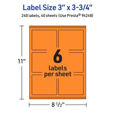 Avery Laser/Inkjet Multipurpose Rectangle Labels, 3" x 3.75", Bright Orange, 240/Pack (94248)