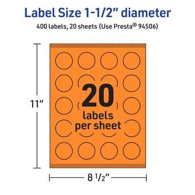 Avery Laser/Inkjet Multipurpose Circle Labels, 1.5" Dia., Bright Orange, 400/Pack (94506)
