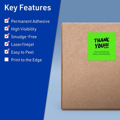 Avery Laser/Inkjet Multipurpose Square Labels, 4 x 4, Neon Green, 80/Pack (94100)