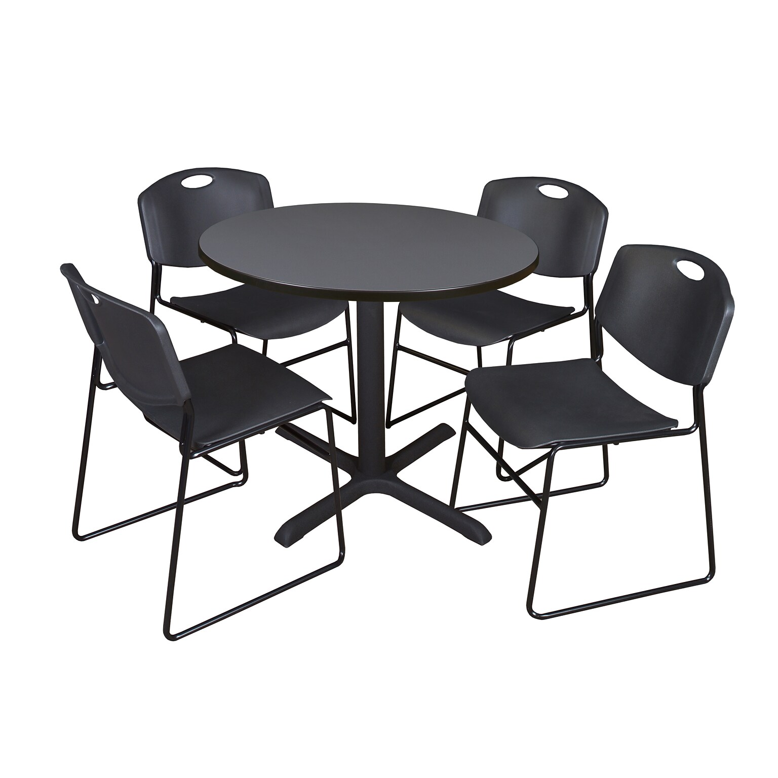 Regency 42 Laminate Round Table with 4 Zeng Stack Chairs, Gray & Black (TB42RNDGY44BK)