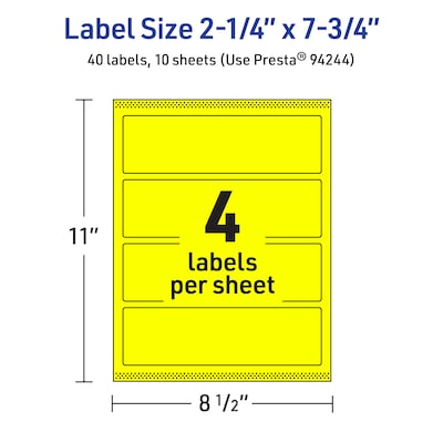 Avery Rectangle Laser/Inkjet Multipurpose Labels, 2.25" x 7.75", Neon Yellow (40/Pack)