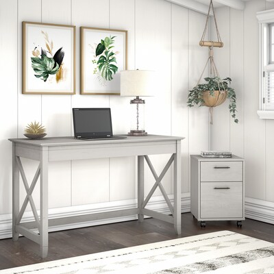 Bush Furniture Key West 48" Writing Desk with File Cabinet, Linen White Oak (KWS001LW)