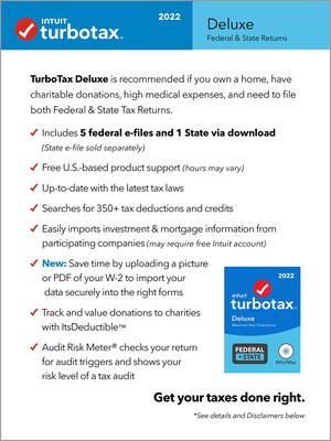 TurboTax Deluxe 2022 Federal + State for 1 User, Windows/Mac, CD/DVD or Download (5101368)