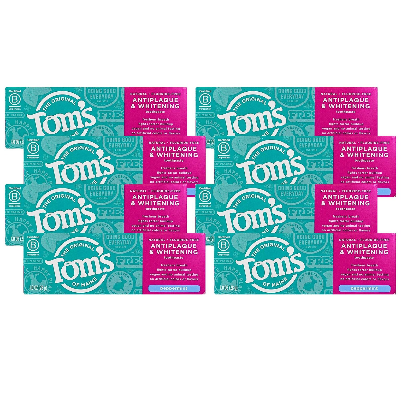 Toms of Maine Antiplaque and Whitening Fluoride-Free Toothpaste, 1 oz Travel Size Tube, 8 Tubes/Bag, 6 Bags/Carton