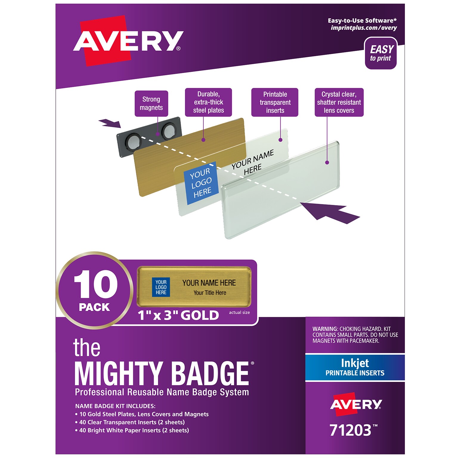 Avery The Mighty Badge Inkjet Reusable  Magnetic Name Badge System, 1 x 3, Gold, 80 Inserts, 10/Pack (71203)