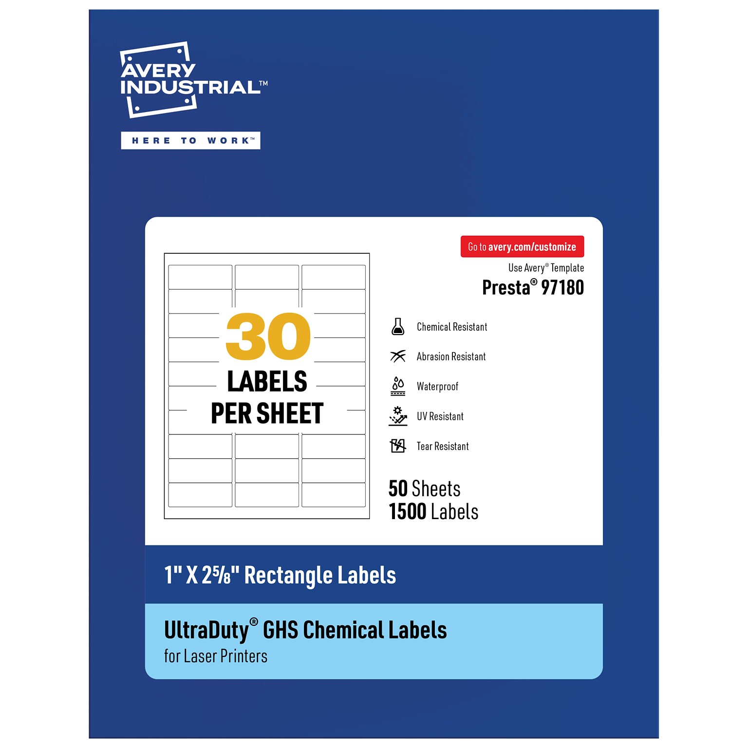 Avery Laser UltraDuty GHS Labels, 1 x 2 5/8, White, 1500 Labels/Box (97180)