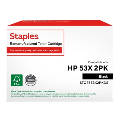 Staples Remanufactured Black High Yield Toner Cartridge Replacement for HP 53X (TRQ7553X2PKDS/STQ7553X2PKDS), 2/Pack