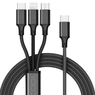 CODi 3-in-1 Charging Cable with USB-C Connection, Black (CB1068-1)