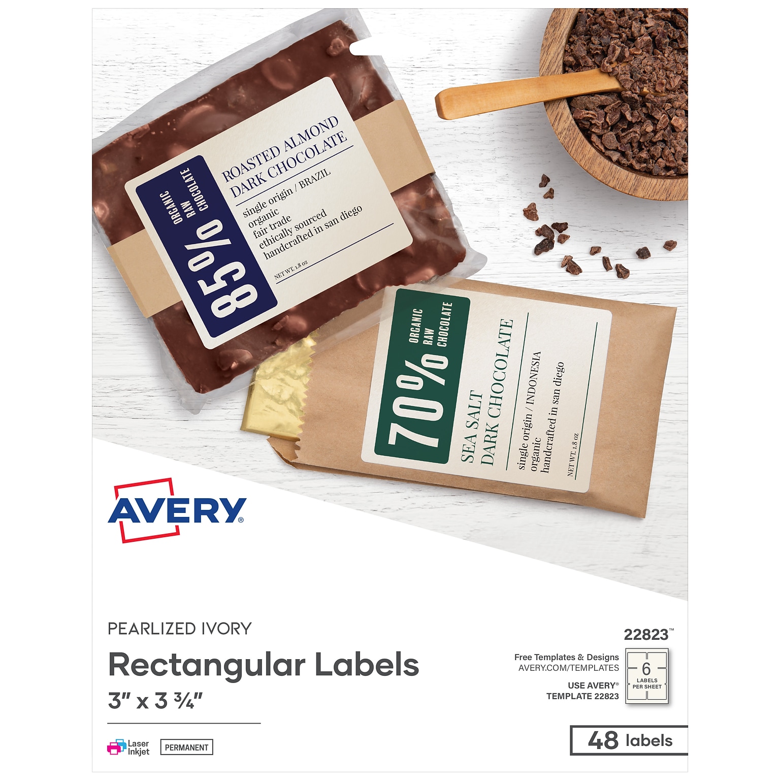 Avery Print-to-the-Edge Laser/Inkjet Labels, 3 x 3 3/4, Pearlized Ivory, 6 Labels/Sheet, 8 Sheets/Pack, 48 Labels/Pack (22823)