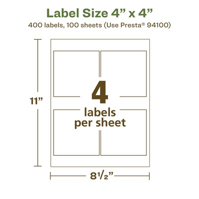 Avery EcoFriendly Laser/Inkjet Square Multipurpose Labels, 4" x 4", White, 400/Box (94100)