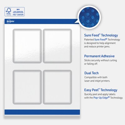 Avery Laser/Inkjet Rectangle Multipurpose Labels, 4" x 3-1/3", White, 80/Pack (S00-F37)