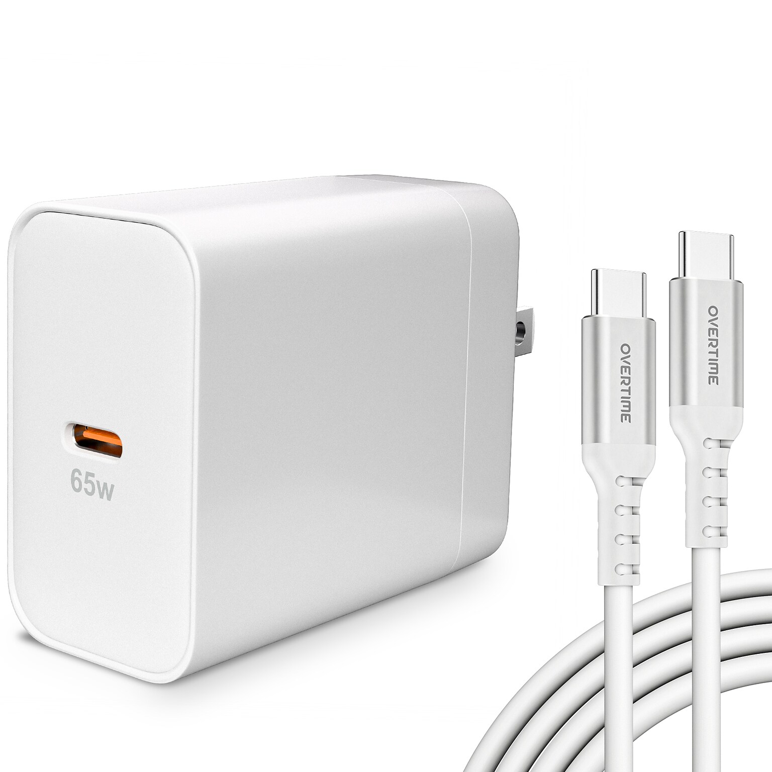 Overtime W27 65W GaN3 USB-C Wall Charger and 60W USB-C 6 ft. Cable Bundle, White (OCHW27WHBD1)