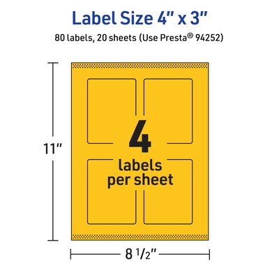 Avery Laser/Inkjet Rectangle Multipurpose Labels, 4" x 3", Bright Yellow, 80/Pack (94252)