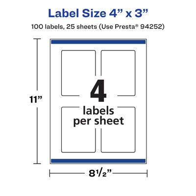 Avery Laser/Inkjet Multipurpose Labels, 4" x 3", White, 4 Labels/Sheet, 25 Sheets/Pack (94252)